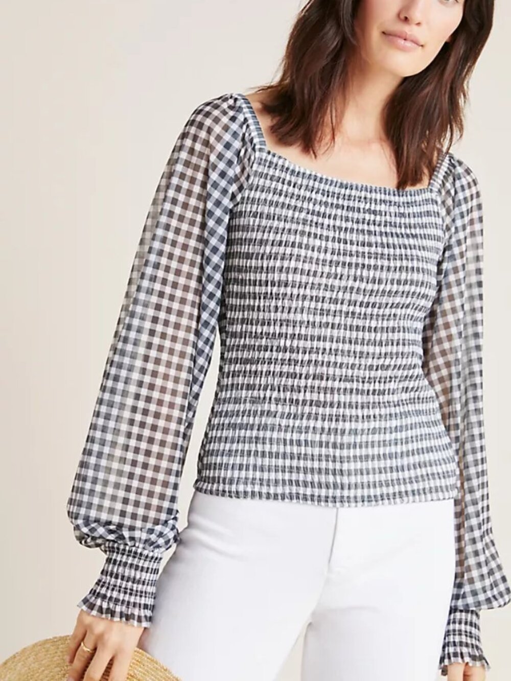 By Anthropologie Rouen Gingham Square Neck Top M